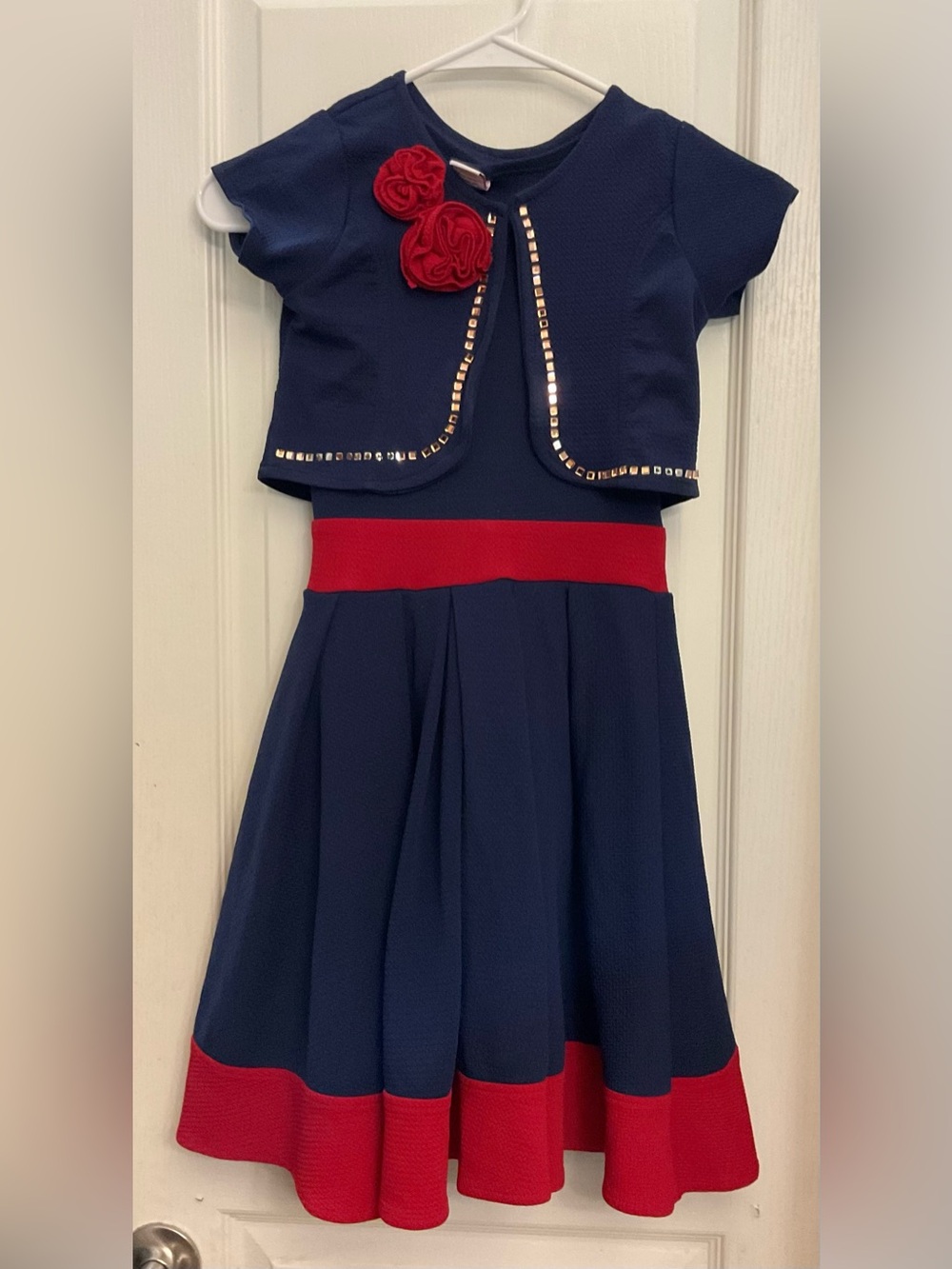 Navy & Red Girls Two-Piece Dress Set with Rosette Detail